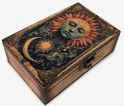 Celestial Sun & Moon Tarot Box | Astrology Sun and Moon Design Jewelry Trinket Keepsake Fengshui Lucky Talisman Storage Box | Gift Idea, Tarot Lover Ornaments for Home Decor (7TCS2)