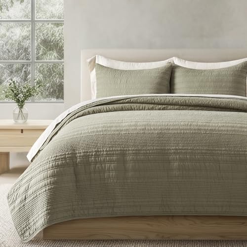 EVERGRACEHOME 100% Cotton Modern Lines Quilt Set Queen Size, Light Sage - color: Light Sage, size: Full/Queen (92" X 92")