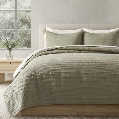 EVERGRACEHOME 100% Cotton Modern Lines Quilt Set Queen Size, Light Sage - color: Light Sage, size: Full/Queen (92" X 92")