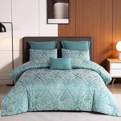 ALPHA HOME King Size Jacquard Bedding Comforter Set - All Season Luxurious Elegance with Cushion (1 Comforter, 2 Pillow Shams, 2 Euro Shams) - color: Jade Green, size: King