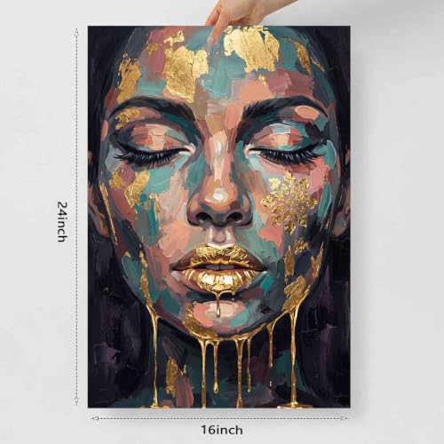 Abstract Face Wall Art Female Portrait Canvas Blue Gold 16x24inch No Frame - color: 4, size: 24"L x 16"W