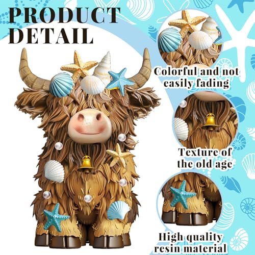 2 Pcs Coastal Highland Cow Figurines Decor, Beach Ocean Style - style: Beach