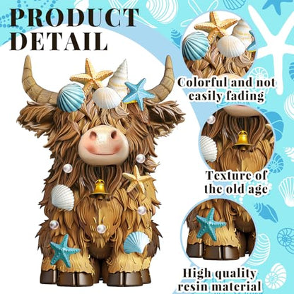 2 Pcs Coastal Highland Cow Figurines Decor, Beach Ocean Style - style: Beach