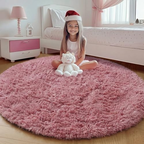 Blush Fluffy Round Rug Circle Area Rugs 4ft for Kids Girls Teen Bedroom - color: Blush, size: 4' (Round)