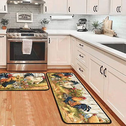 Rooster Kitchen Rugs and Mats Set of 2, Non Slip Washable Kitchen Runner Rug, Farmhouse Chicken Kitchen Floor Mats, Rustic Country Kitchen Rug Set for Sink, Laundry Room, 17"x30"+17"x47" - color: Rooster