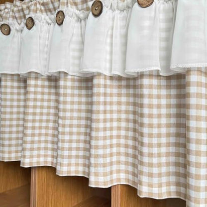 Beige Gingham Checkered Kitchen Short Curtain with Ruffle & Wooden Buttons - size: 55"W x 20"L (Pack of 1)