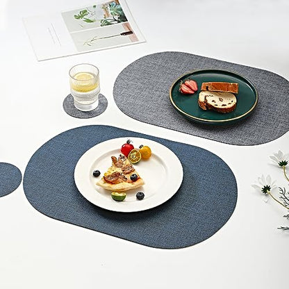 Oval Table Mats Set of 6, Faux Leather Placemats, Heat Resistant & Waterproof(Navy/Grey) - color: Navy/Grey