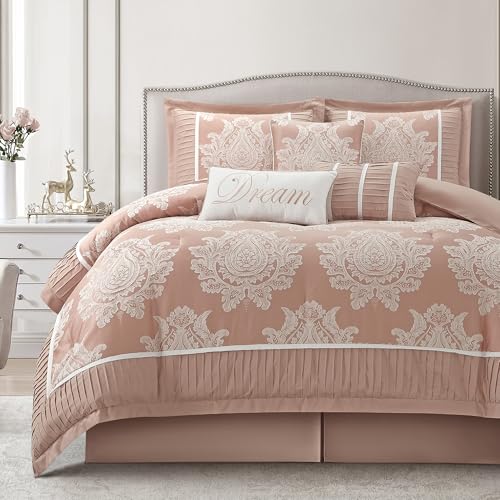 LANCO MODERN LIFESTYLE Blush California King Comforter Set 7 Pieces, Jacquard Woven with Damask, Bedding Set in a Bag Includes Comforter, Bed Skirt, Pillow Shams, and Decorative Pillows - color: Blush, size: California King