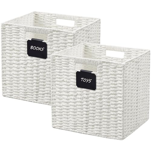 UBBCARE 2 Pack Wicker Basket, 10.5×10.5 Storage Cubes with Label, Foldable Cube Storage Bin with Handle, Square Storage Basket for Shelves, Woven Paper Rope Basket for Organizing, White - color: White, size: 2pack-10.5L×10.5H×9.5W