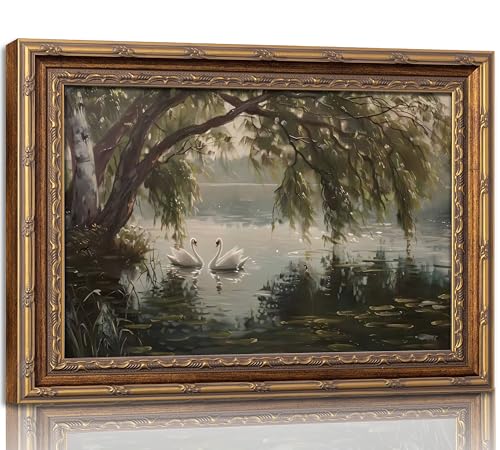 VZKRHPGA Vintage Gold Framed Landscape Wall Art Vintage River Canvas Prints - color: Swan Lake, size: 24"L x 16"W