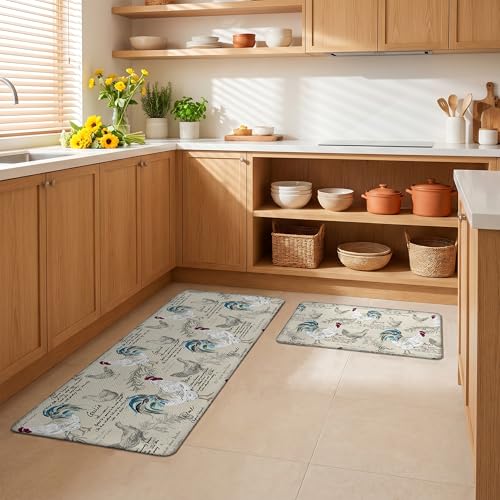 Kitchen Rugs for Floor 2 Pcs Memory Foam Padded Anti Fatigue Kitchen Mat - color: Rooster