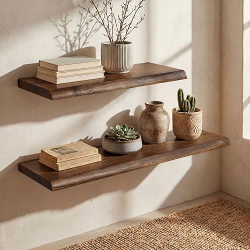 32" Live Edge Floating Shelves, Solid Elm Wood Shelf, Set of 2 - color: Vintage Weathered, size: 32 Inch | 2 Pack