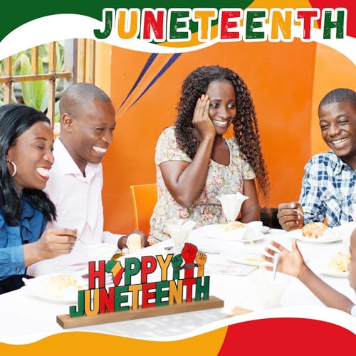 MiniInflat Metal Juneteenth Table Decorations Summer Centerpieces with Wooden Base Happy June 19th Freedom Day Table Topper Sign for Home Kitchen Tabletop Fireplace Mantel Shelf Desk Tiered Tray - style: Happy Juneteenth