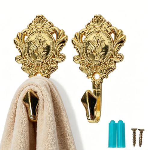 2Pcs Wall Hooks Gold Metal Rose Pattern Carved Vintage Drapery Key Hook - color: Gold