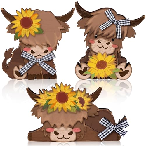 GlikCeil 3 Pcs Sunflower Highland Cow Table Decorations Wooden Centerpiece - style: Sunflower