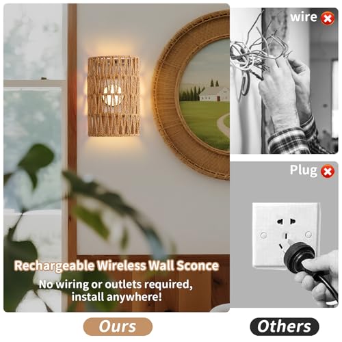 Battery Powered Wall Sconce, Rattan Rechargeable Wall lamp, Bohemian Wall Sconces with Remote Control RGB Dimmable, Wireless Wall Sconce Set of 2 for Bedroom, Hallway, Living Room