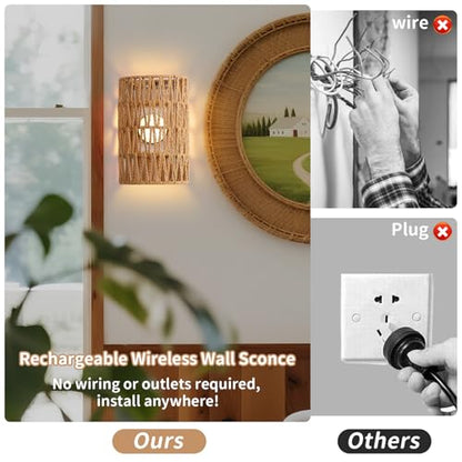 Battery Powered Wall Sconce, Rattan Rechargeable Wall lamp, Bohemian Wall Sconces with Remote Control RGB Dimmable, Wireless Wall Sconce Set of 2 for Bedroom, Hallway, Living Room