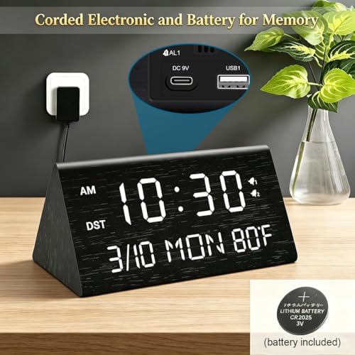 Premium Wooden Digital Alarm Clock with USB Charging Ports, Dimmable LED Display, Date, Day of Week, Temperature, DST, Clocks for Bedrooms, Desk, Nightstand, Bedside, Table, Office, Living Room Decor - color: Triangle - Black