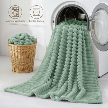 Taliska Ribbed Fleece Throw Blanket for Bed, Sage Green, 90"x90" - color: Sage Green, size: Throw(90"x90")