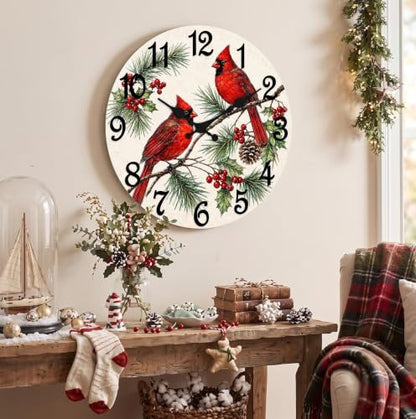 ArtSocket Round Wall Clock Silent Non-Ticking 12", Cardinal Christmas - color: Christmas Cardinal