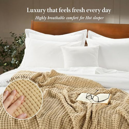 Threadmill Twin Waffle Bed Blanket, Rayon Derived from Bamboo, Beige - color: Beige, size: Twin (68" x 92")