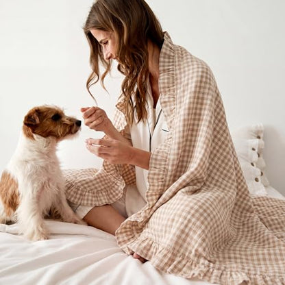 100% Cotton Taupe Gingham Muslin Throw Blanket 6 Layers Ruffled - color: Taupe