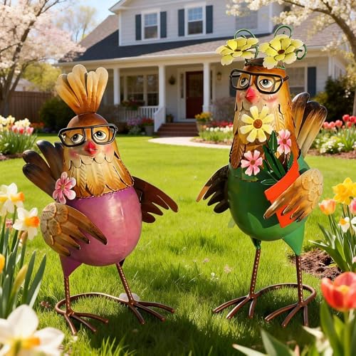 Natelf Metal Rooster & Hen Outdoor Statues Chicken Sculptures Set