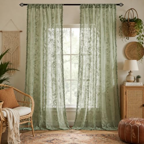 Kotile Sage Green Sheer Curtains 72 inches Long, Boho Lace Window Panels - color: Sage Green, size: 52"W x 72"L (Pack of 2)