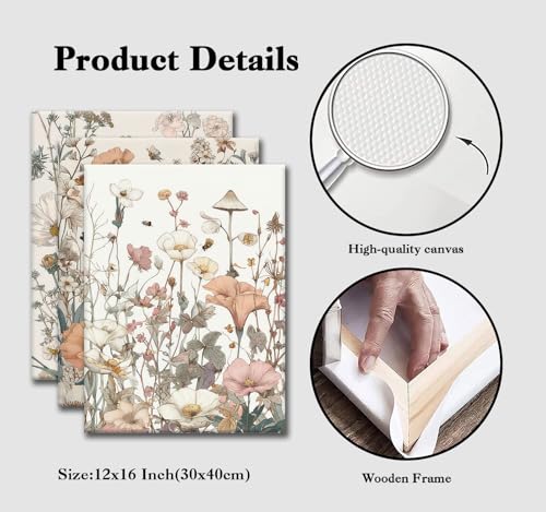 CHTEXA Boho Wildflower Canvas Wall Art, 3 Piece Gallery Wrapped Set, 12x16 - color: plants and flowers-2, size: 12x16 inch