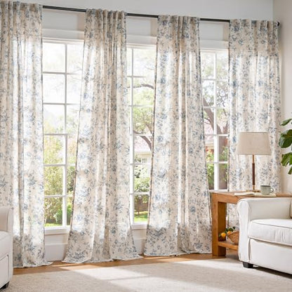 jinchan Linen Curtains 90 inch Blue Floral Farmhouse Rod Pocket 2 Panels - color: Amlie Blue, size: 50"W x 90"L (Pack of 2)