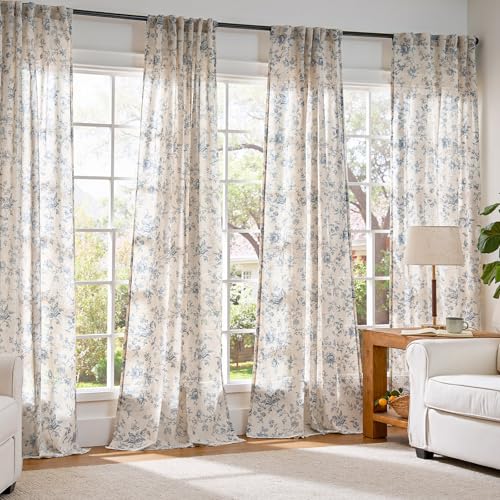 jinchan Linen Curtains 96 inch Blue Floral Farmhouse Rod Pocket 2 Panels - color: Amlie Blue, size: 50"W x 96"L (Pack of 2)