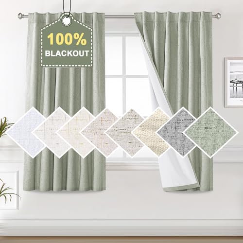 H.VERSAILTEX Faux Linen 100% Blackout Curtains for Bedroom 63 inches Long Thermal Insulated Textured Linen Look Curtain Back Tab/Rod Pocket/Hook Belt Draperies 2 Panels, 52 x 63 Inch，Sage - color: Sage, size: 52"W x 63"L (Pack of 2)