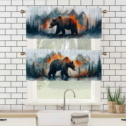 Brown Bear Kitchen Curtains 2 Pack Mountains Trees Oil Painting Kitchen Curtains Room Darkening Curtains Rod Pocket Window Treatment Valances 54x18 inch - color: Brown Bear