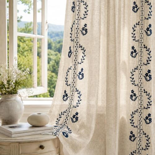 Deconovo Floral Linen Sheer Curtains 96 Inch Long for Living Room 2 Panels - color: Blue/Meadow Floral/Back Tab, size: 50"W x 96"L (Pack of 2)
