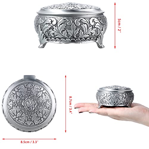 Hipiwe Metal Jewelry Box Vintage Ring Holder Small Round Trinket Organizer - style: Round,Silver