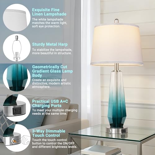 QiMH Glass Table lamps for living room, Modern Bedside Lamps for Bedrooms,27.5" Tall Nightstand Lamps Set of 2 with 3-Way Dimmable Touch Control, White Linen Shade,USB A/C Charging Ports,Gradient Teal - color: Teal 2