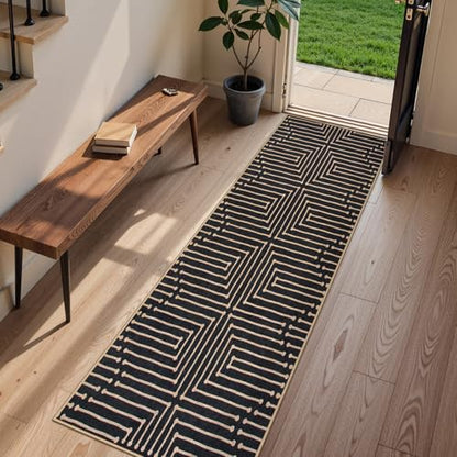 Lahome Maze Lines Washable Kitchen Runner Rug, 2x8 Black Outdoor Runner Rug - color: Black Geometric, size: 2'6" x 8' (Runner)