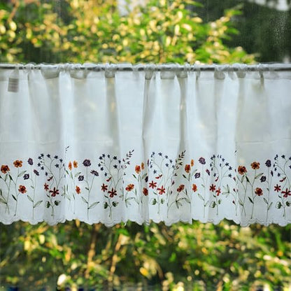 027 Floral Embroidery Pastoral Style Valance, White Sheer Flowers Valances,Window Treatment for Kitchen,W50XL16 inch (Wild Flower) - size: 50"W x 16"L (Pack of 1)