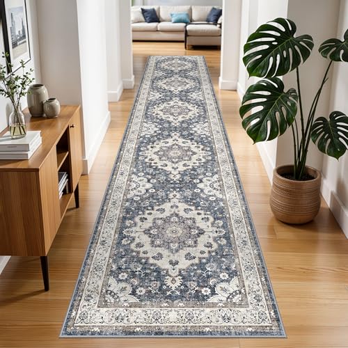 2x10 Hallway Washable Runner Rug: Oriental Water Resistant Kitchen Rugs Indoor Durable Non-Slip Bathroom Bedroom Carpet Low-Pile Ultra Thin Soft Floor Mat for High-Traffic Areas Home Decor (2x10,Blue) - color: Blue, size: 2' x 10' (Rectangular)