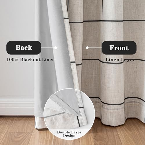 MYSKY HOME 100% Blackout Plaid Farmhouse Linen Curtains 54 Inch Long 2 Panels Set Double Layer Windowpane Drapes Thermal Insulated Privacy Protection Rod Pocket Back Tab, 52" W, Black - color: Black, size: 52"W x 54"L (Pack of 2)