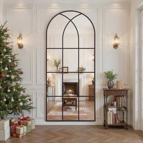 Arched Window pane Full Length Mirror 30"x71", Full Body Standing Mirror, Window Shaped Farmhouse Style with Aluminum Frame, Decor Wall Mirrors for Living Room, Courtyard, Bedroom, Entryway, Black - color: Black, size: 71"L x 30"W