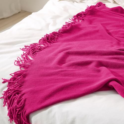 Homiest Dark Pink Knitted Throw Blanket with Fringe, 50x60 Inch - color: Fuschia, size: 50" x 60"
