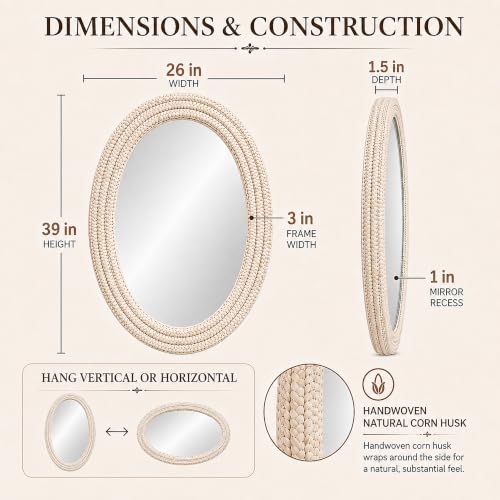 26"x39" Oval Wall Mirror, Handwoven Corn Husk, Whitewashed