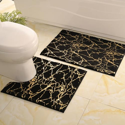 QJHOMO Black and Gold U Shaped Toilet Rug Marble Contour Bath Mat 20x20 in - color: Black and Gold, size: 1'8" x 1'8" (U-Shape)