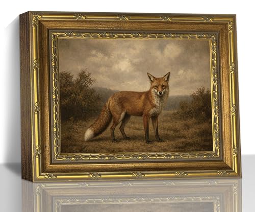 Vintage Red Fox Wildlife Animal Gold Frame Wall Art Canvas Print Framed Art - color: Red Fox, size: 11"L x 9"W