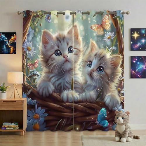 Cat Blackout Curtains for Girls Bedroom — Kawaii Kitty Print Room Darkening Drapes with Silver Grommets, Thermal Insulated 2 Panels Window Curtains for Kids Room & Nursery, 42 x 45 Inch - color: Cute Cat_01, size: 42"W x 45"L (Pack of 1)