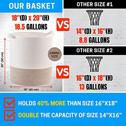 MINTWOOD Design 83L Extra Large 20x18 Inches Decorative Woven Cotton Rope Basket, Tall Laundry Basket Hamper, Blanket Basket for Living Room, Round Storage Baskets for Pillows, Towels, Light Brown