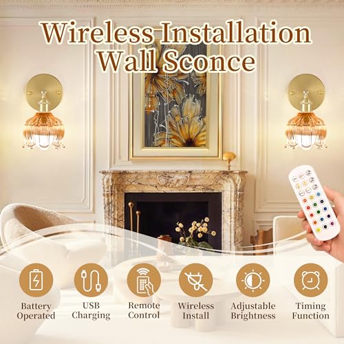 Battery Operated Wall Sconces Set of 2, Amber Tulip Glass Wall Lights | Rechargeable flower wall lamps with remote control, 15 colors, 10-level dimming and timer for bedroom and living room - color: Amber