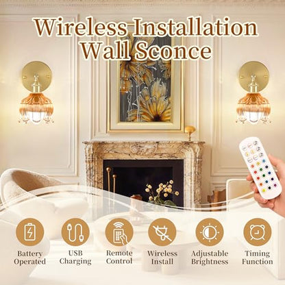 Battery Operated Wall Sconces Set of 2, Amber Tulip Glass Wall Lights | Rechargeable flower wall lamps with remote control, 15 colors, 10-level dimming and timer for bedroom and living room - color: Amber