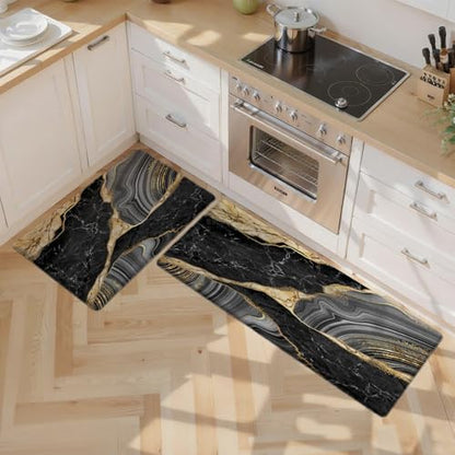 Kitchen Mats Set of 2, Cushioned Anti Fatigue Non Slip Waterproof Runner, Black Marble and Golden Veins Design, PVC Memory Foam for Kitchen Sink and Laundry - color: Black Marble